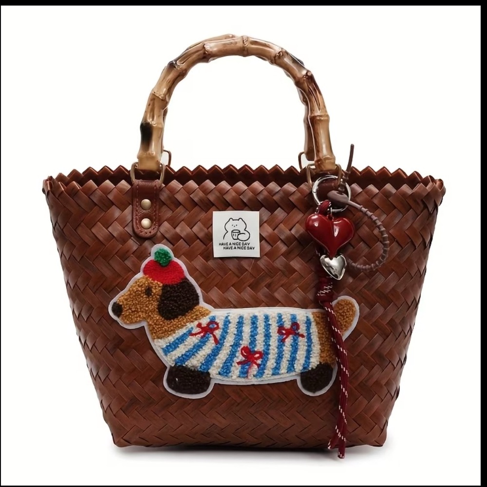 Brown Woven Tote Bag with Dog Patch